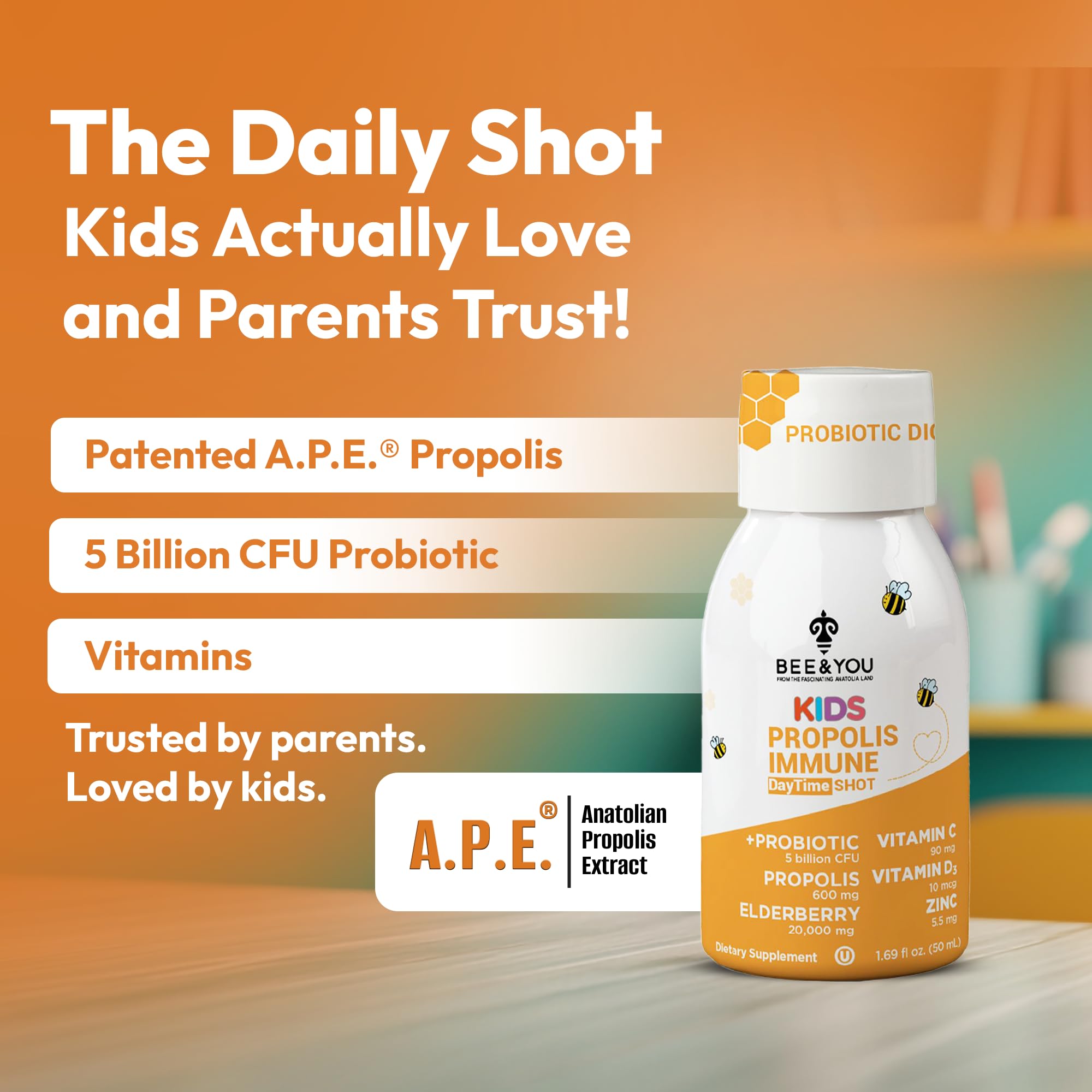 Bee & You Kids Propolis Immune Shot bottle label highlighting probiotic and vitamins for immune support