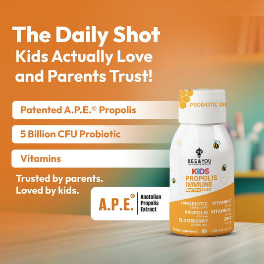 Bee & You Kids Propolis Immune Shot bottle label highlighting probiotic and vitamins for immune support