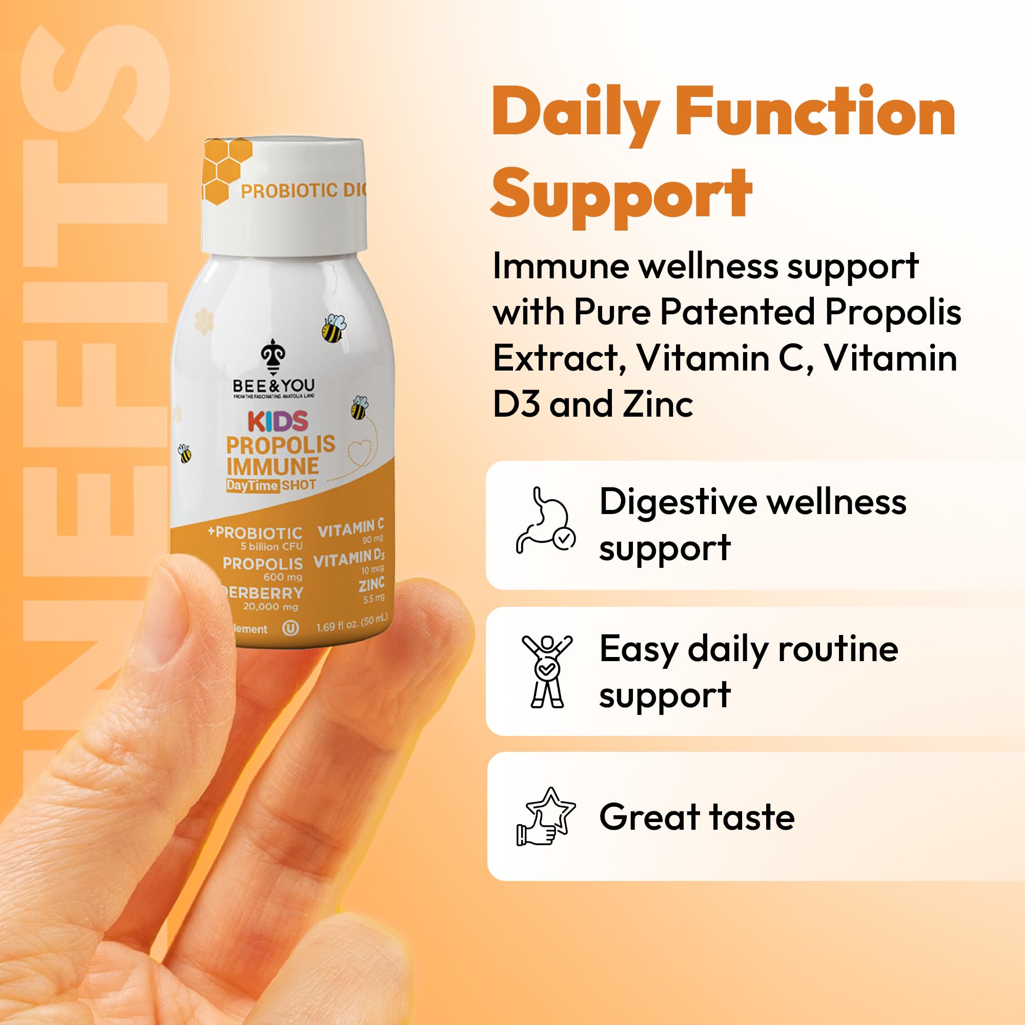 Bee & You Kids Propolis Immune Shot glass serving for easy dosing