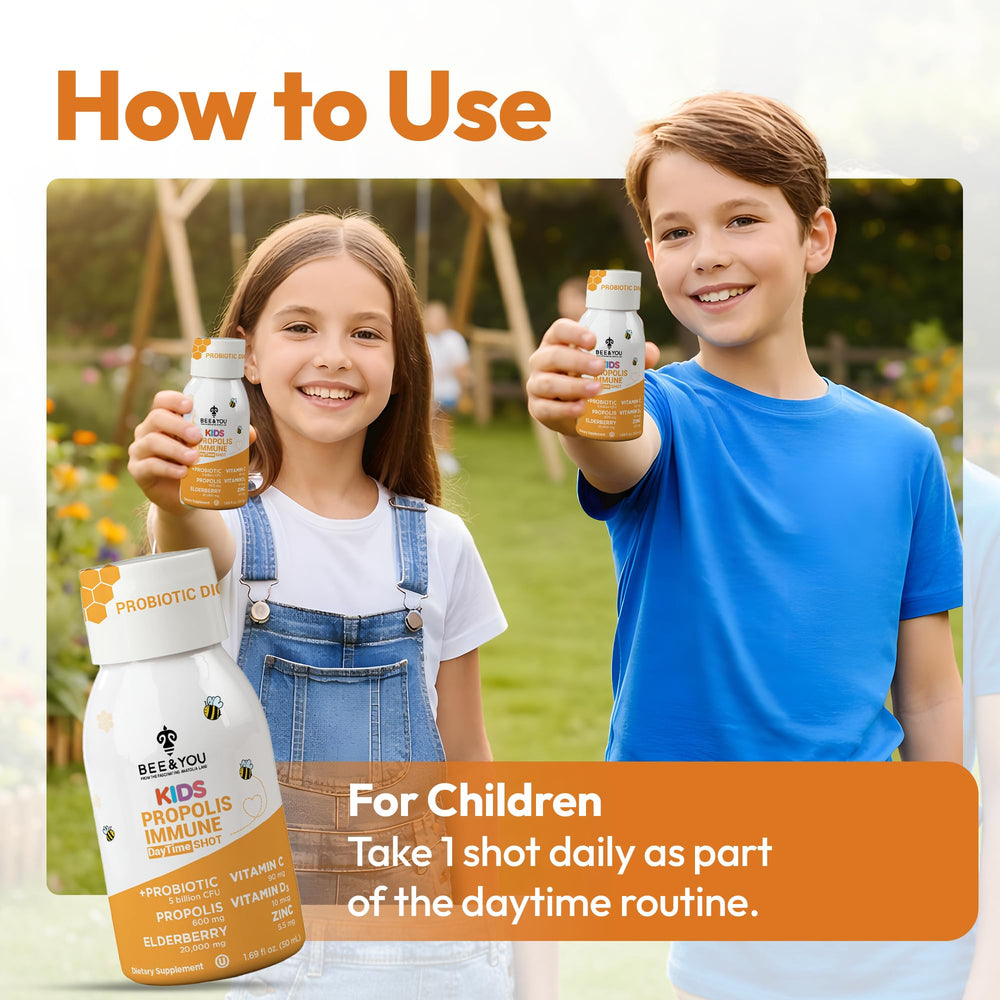 Bee & You Kids Propolis Immune Shot ingredients graphic highlights propolis and probiotic benefits