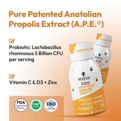 Bee & You Kids Propolis Immune Shot packaging on shelf for family-friendly daily routine