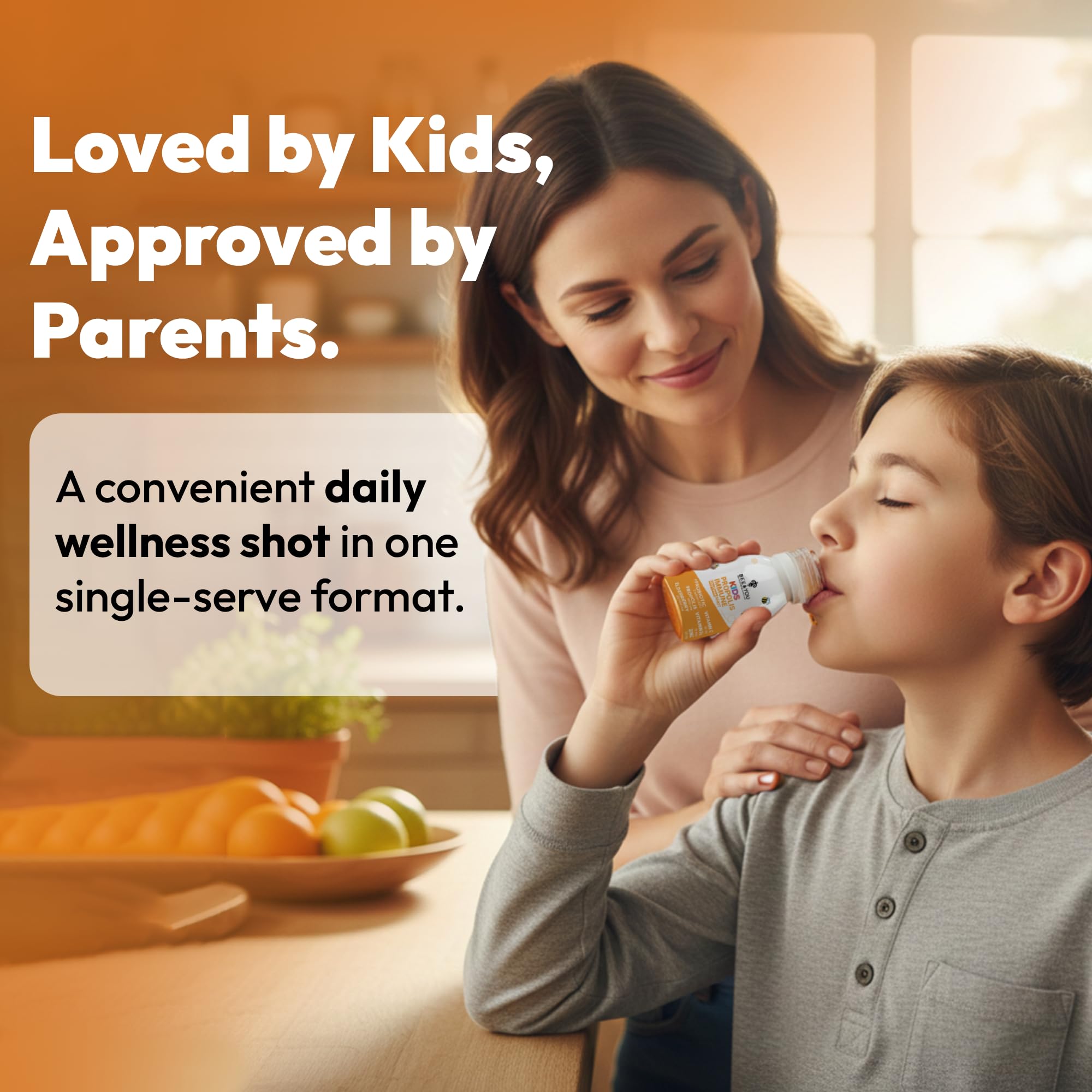 Bee & You Kids Propolis Immune Shot serving display emphasizing daily use for kids