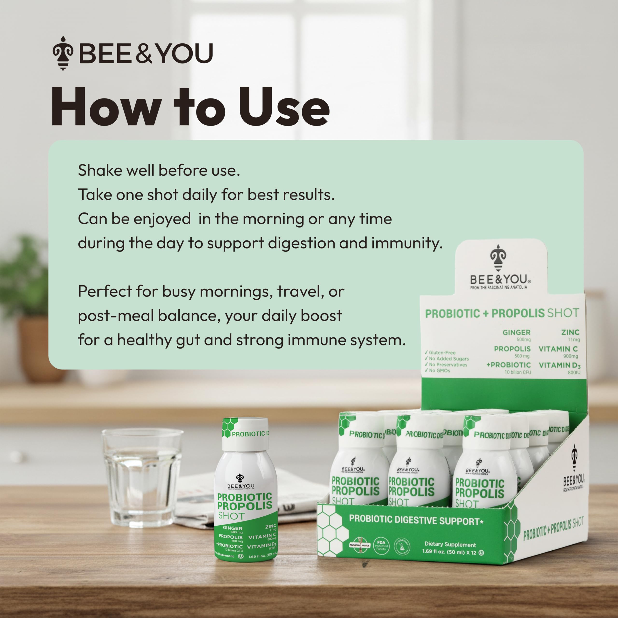 Bee & YOU 12-pack display for convenient daily dosing
