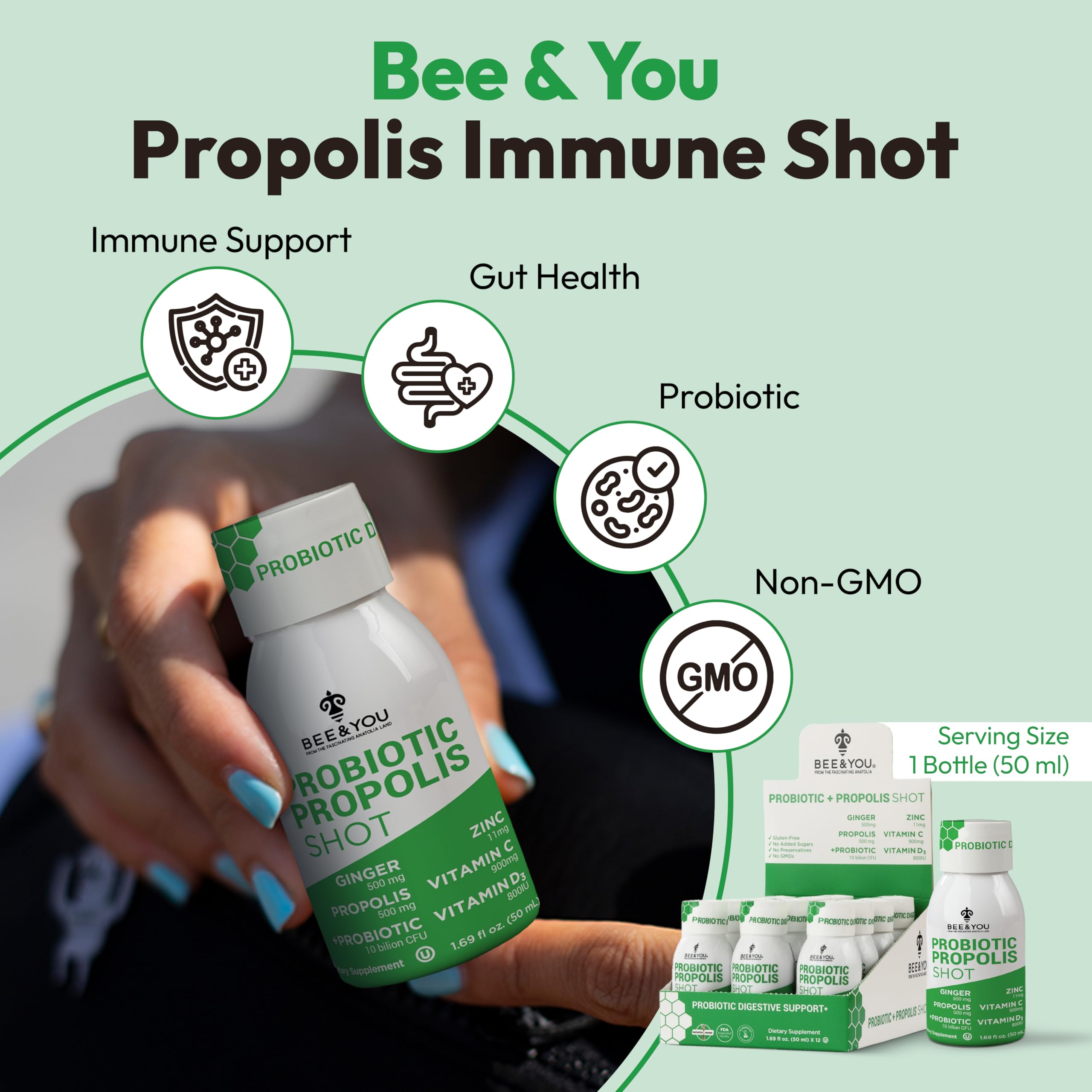 Bee & YOU Propolis Immune Shot probiotic bottle back view for gut balance