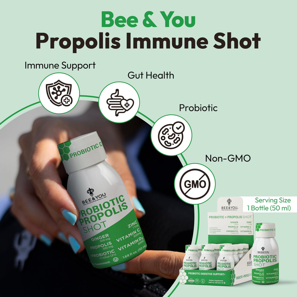 Bee & YOU Propolis Immune Shot probiotic bottle back view for gut balance