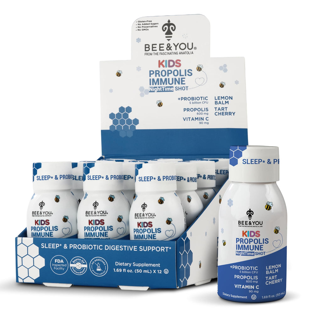 BEE & YOU Kids Propolis Night Shot bottle ready for nightly immune support.