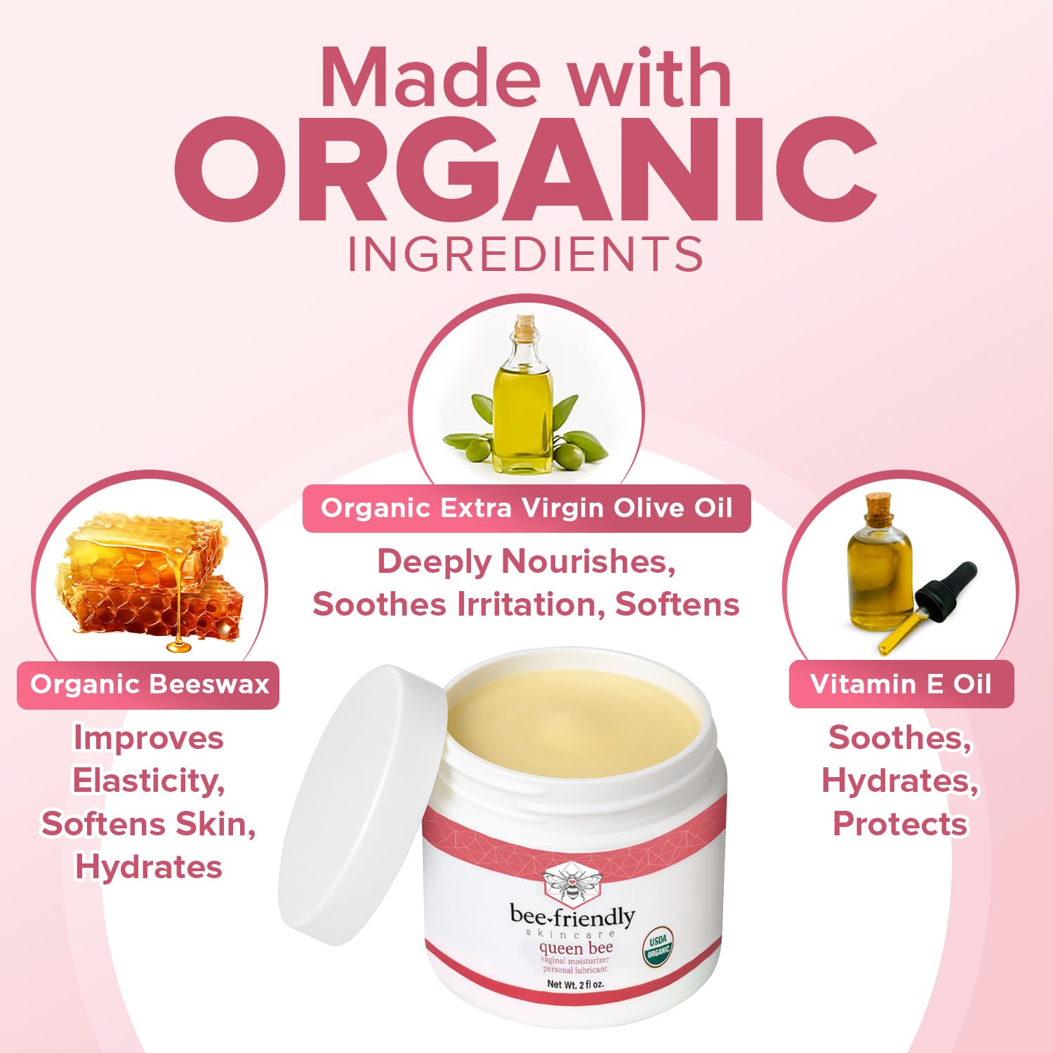 BeeFriendly Organic Vaginal Moisturizer jar closeup reveals creamy texture