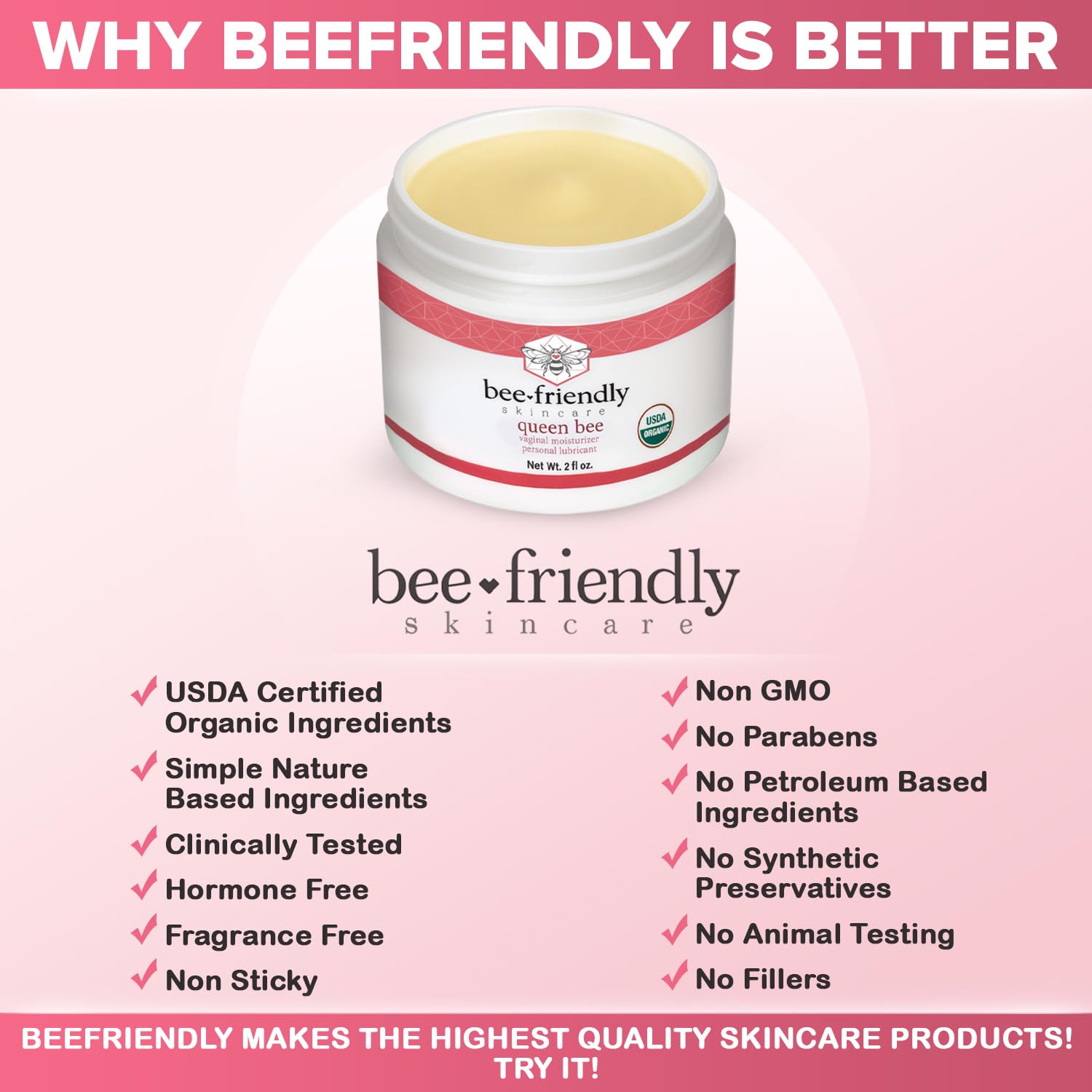 BeeFriendly USA-made feminine moisturizer packaging showcases premium organic quality.