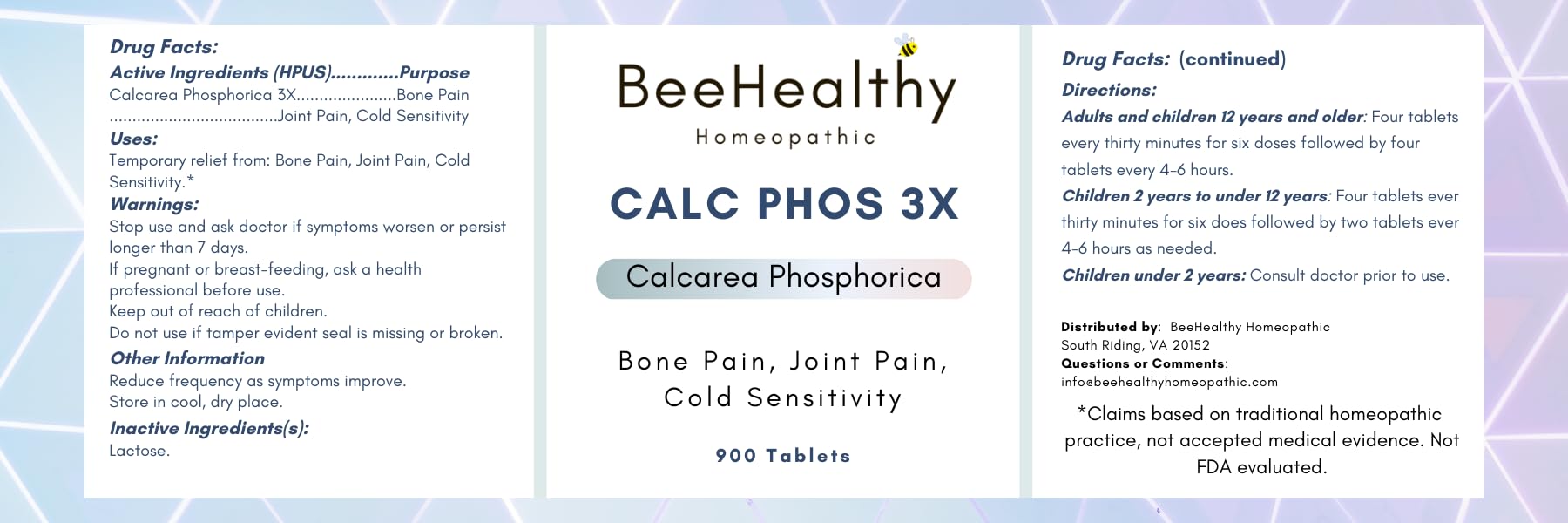 BeeHealthy CalcPhos 3X tablets close-up of active ingredients.