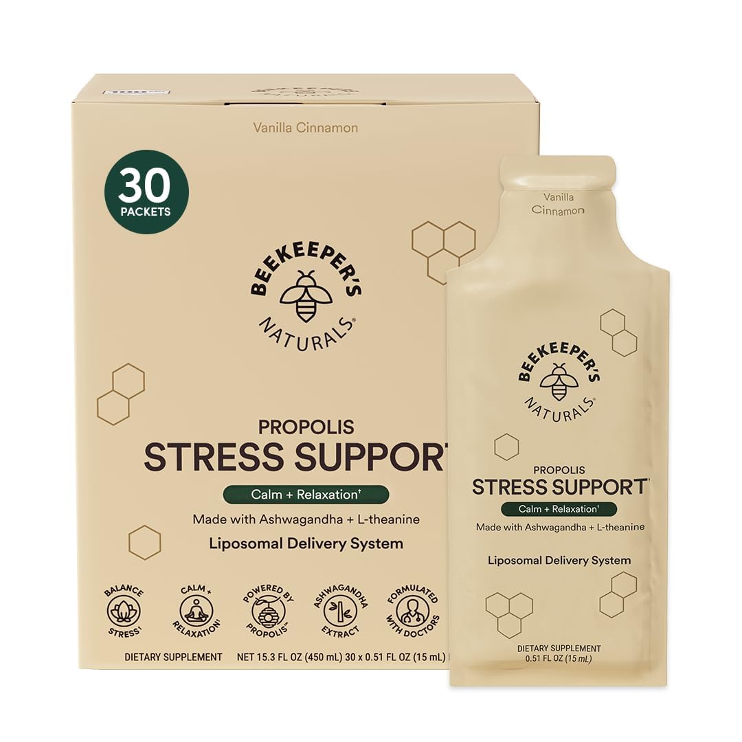 Beekeeper's Naturals Ashwagandha Liposomal Stress Support bottle highlights quick, bioavailable calm for daily routines.