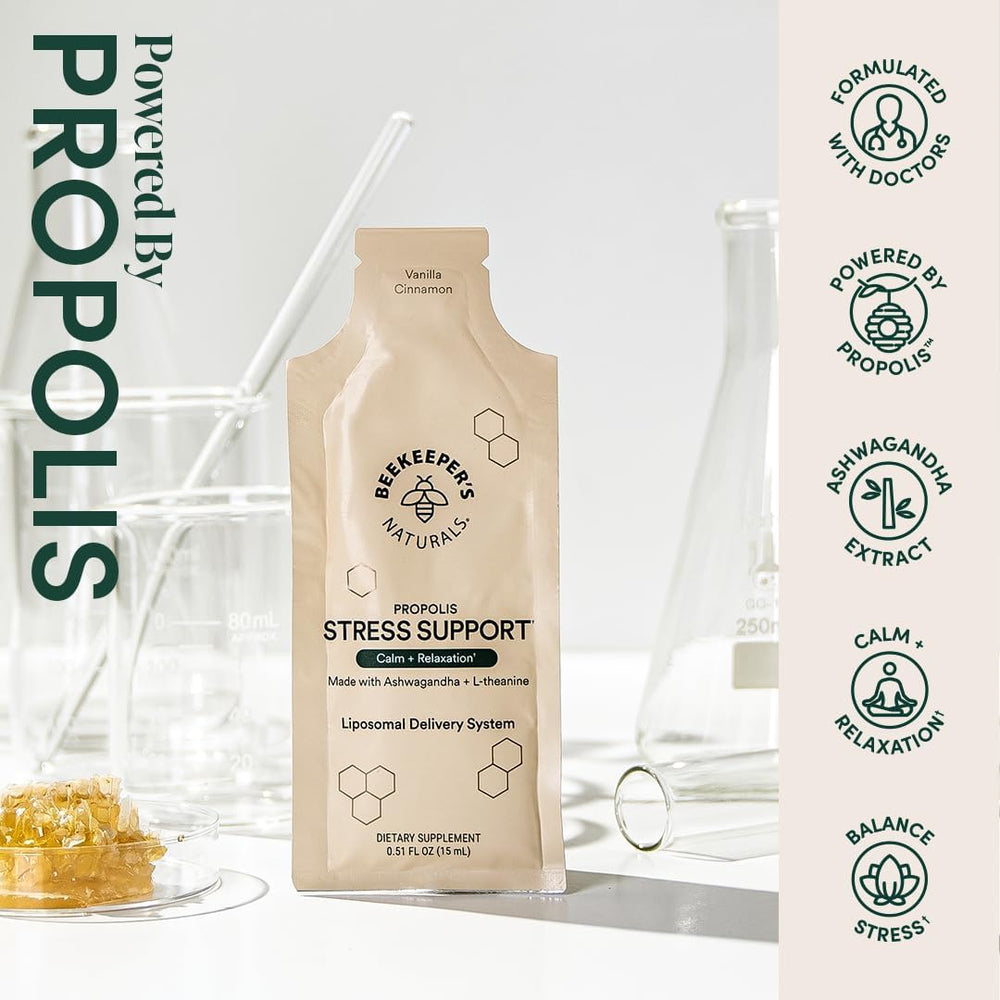 Beekeeper's Naturals liposomal packets displayed for portable stress support on the go.