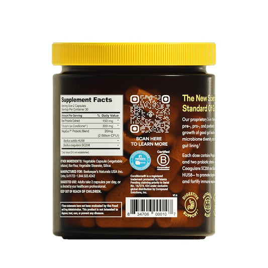 Beekeeper's Naturals Complete Gut Health capsules ready for on-the-go gut support.