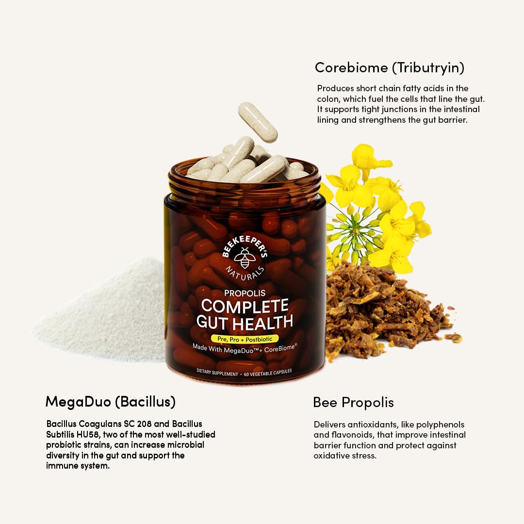 Beekeeper's Naturals Complete Gut Health vegan-friendly note clarifies propolis affects vegan status.