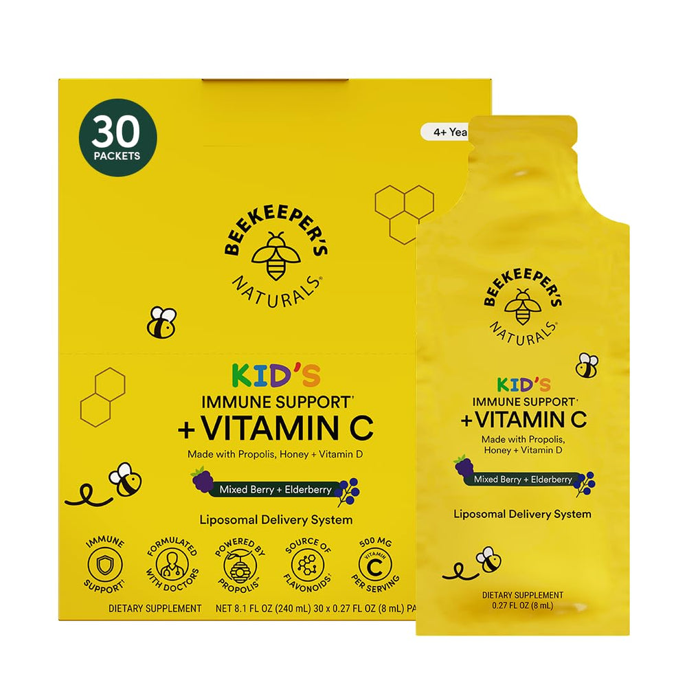Beekeeper's Naturals Kids Immune liposomal vitamin C packaging for daily use.