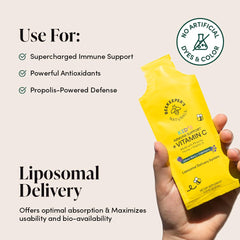 Beekeeper's Naturals Kids Immune liposomal vitamin C poured into beverage.