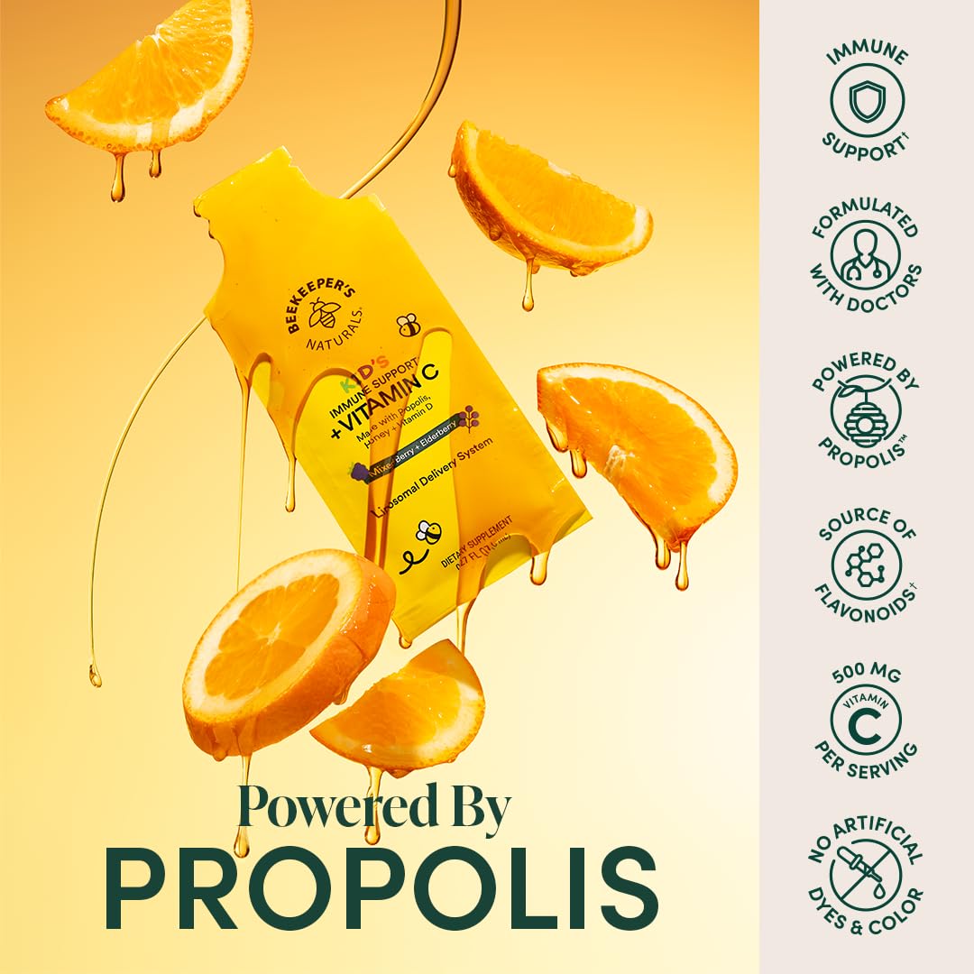Beekeeper's Naturals Kids Immune sachets ready to squeeze into drinks.
