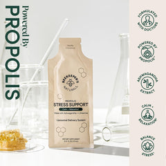 Beekeeper's Naturals propolis-ashwagandha-L-theanine blend is shown on the label.