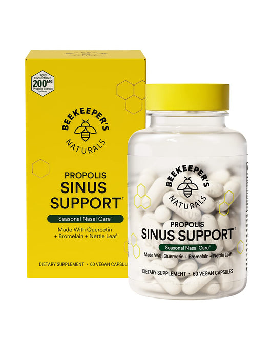 Beekeeper's Naturals sinus support capsules in a clear bottle ready to take