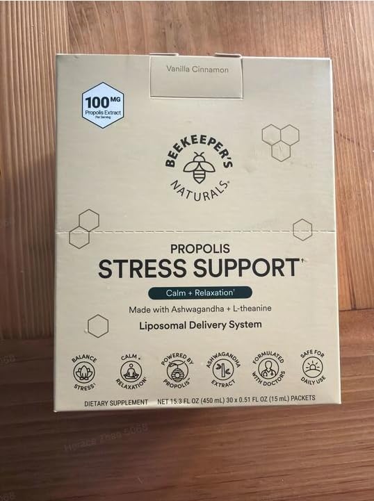 Beekeeper's Naturals packaging and capsules ready for daily stress support.