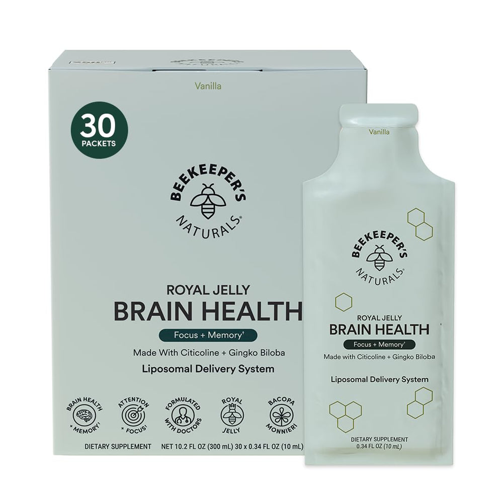 Beekeeper's Naturals nootropic brain supplement vanilla bottle shown for focus and memory support