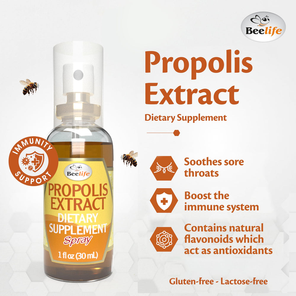Beelife Propolis Sore Throat Spray dispensing action ready for use.