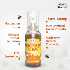 Beelife Propolis Sore Throat Spray ingredients include propolis, honey, and mint for soothing flavor.