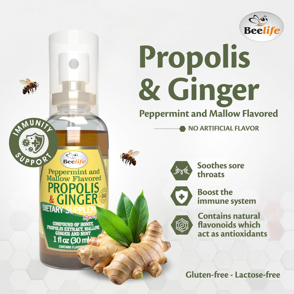 Beelife Propolis Throat Spray ginger-honey-blend ready for soothing moments on the go.