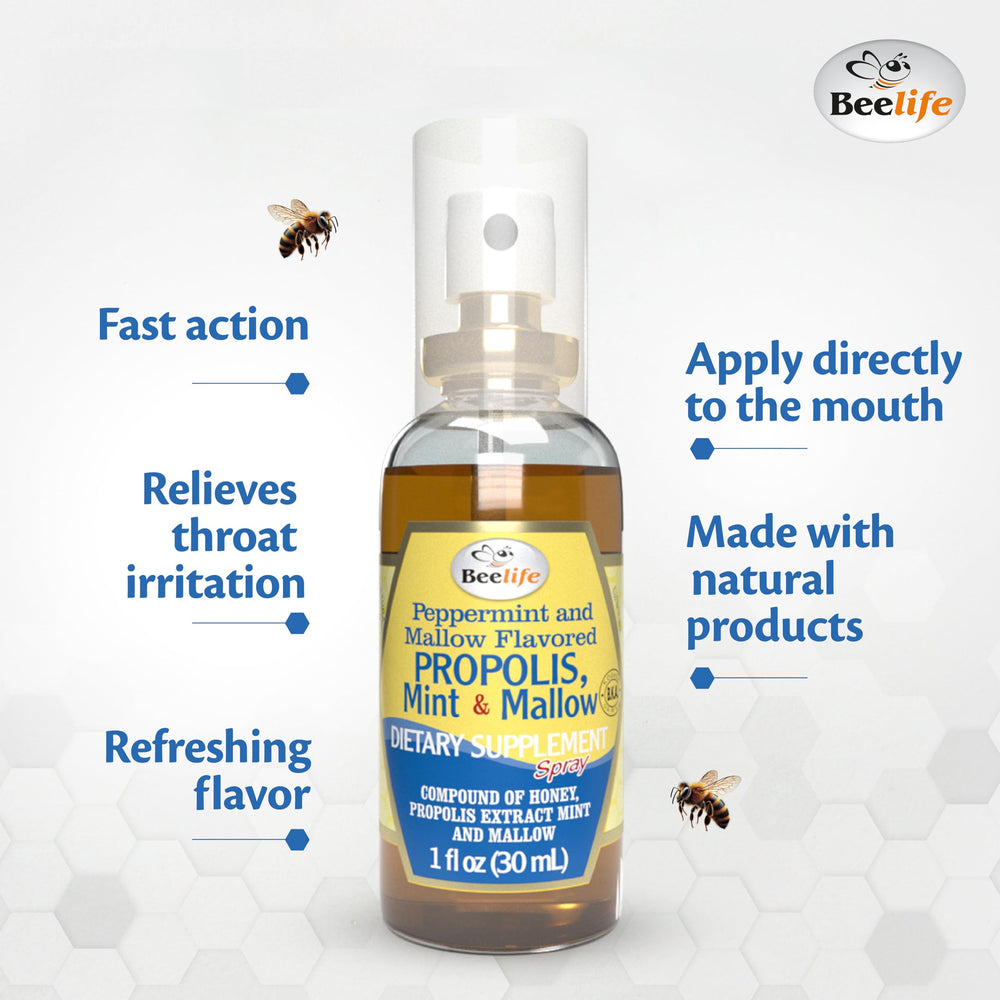 Beelife Propolis Throat Spray Honey Ginger bottle highlighting warm, comforting flavor.