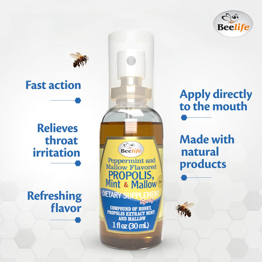 Beelife Propolis Throat Spray Honey Ginger bottle highlighting warm, comforting flavor.
