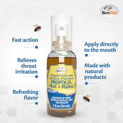 Beelife Propolis Throat Spray Honey Ginger bottle highlighting warm, comforting flavor.