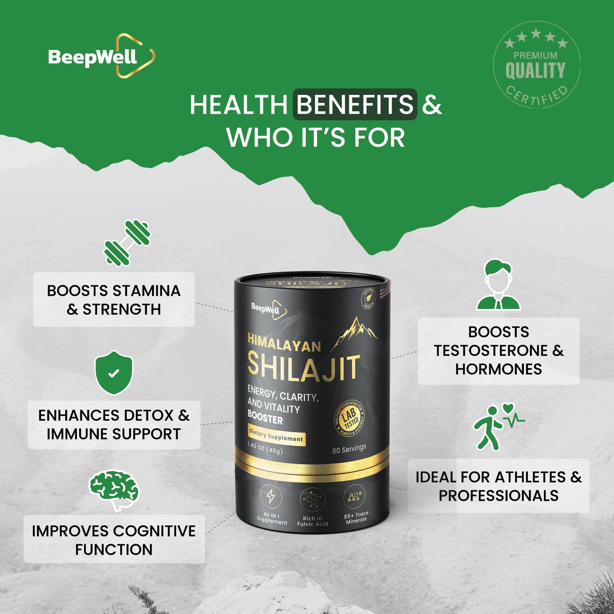 BeepWell Shilajit resin rich in fulvic acid and minerals for potential energy support.