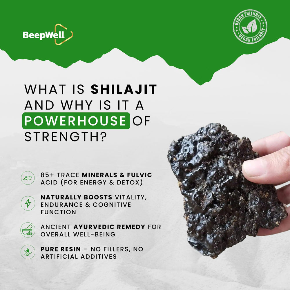 BeepWell Shilajit resin jar close-up showcases premium resin quality and shine.
