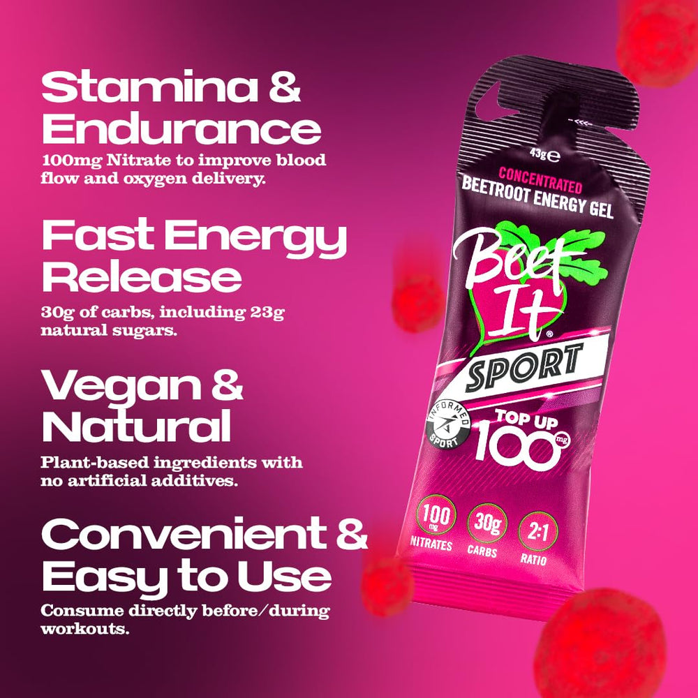 BEET IT Energy Gel beside a water bottle supports easy hydration during endurance sessions
