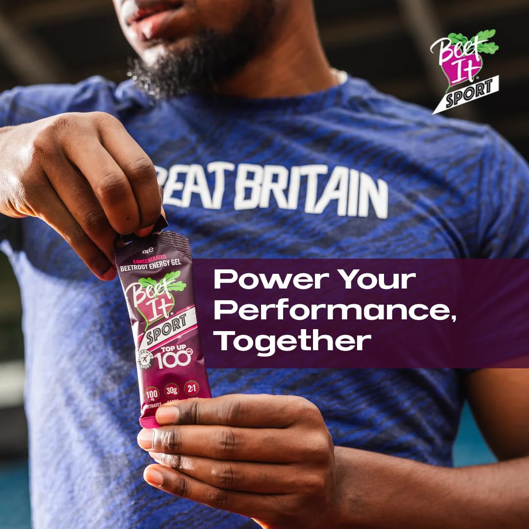 Deep dark color of the Beet It gel contrasts with a bright sports bottle