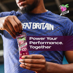 Deep dark color of the Beet It gel contrasts with a bright sports bottle
