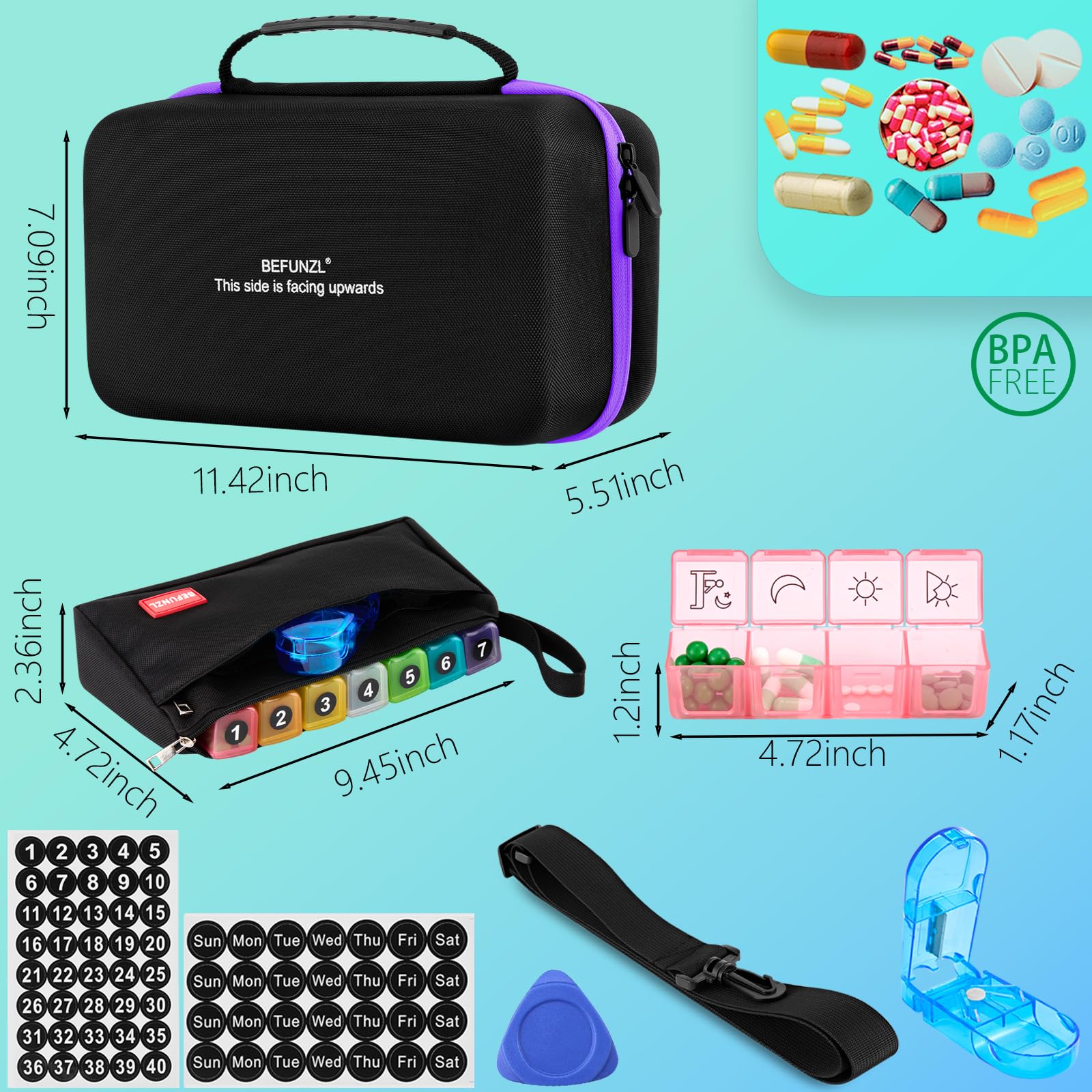 BEFUNZL 31 day compartments for organized monthly medication planning.