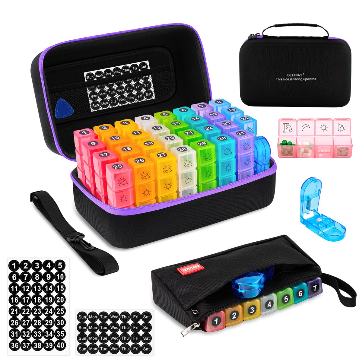 BEFUNZL monthly pill organizer in a hard-shell case for secure travel storage.