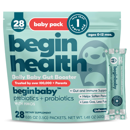 Begin Health BeginBaby prebiotics and probiotics packets support infant digestion.