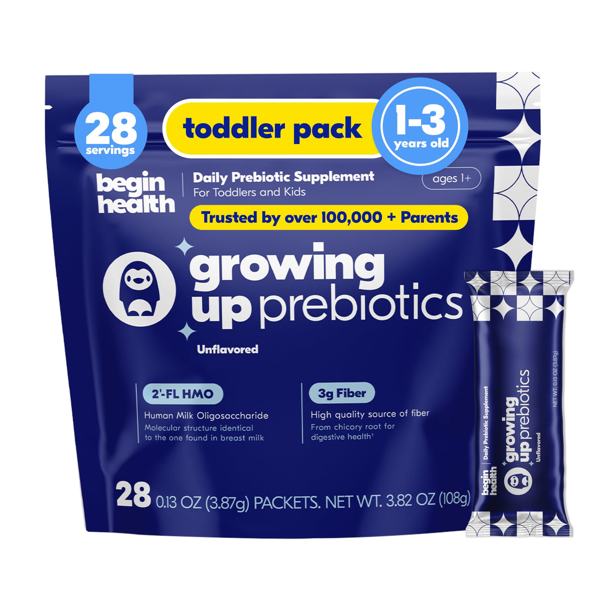 Begin Health Growing Up Prebiotics bottle pour for easy daily dosing in kids.