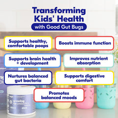 Begin Health Growing Up Prebiotics packaging label highlights US-made quality.