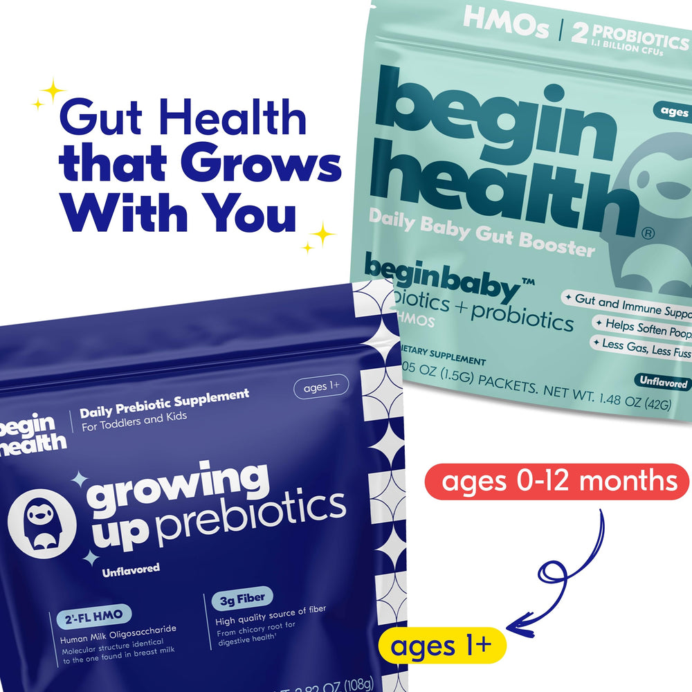 Begin Health Growing Up Prebiotics pediatrician-approved seal on product packaging.