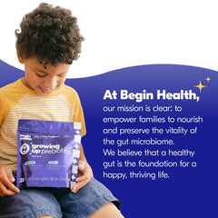 Begin Health Growing Up Prebiotics third-party testing badge on label.