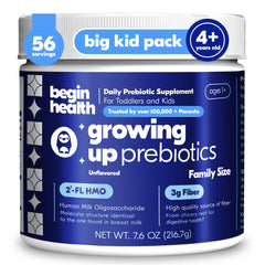 Begin Health Growing Up prebiotics for kids, 56-pack box, supports gentle gut wellness.