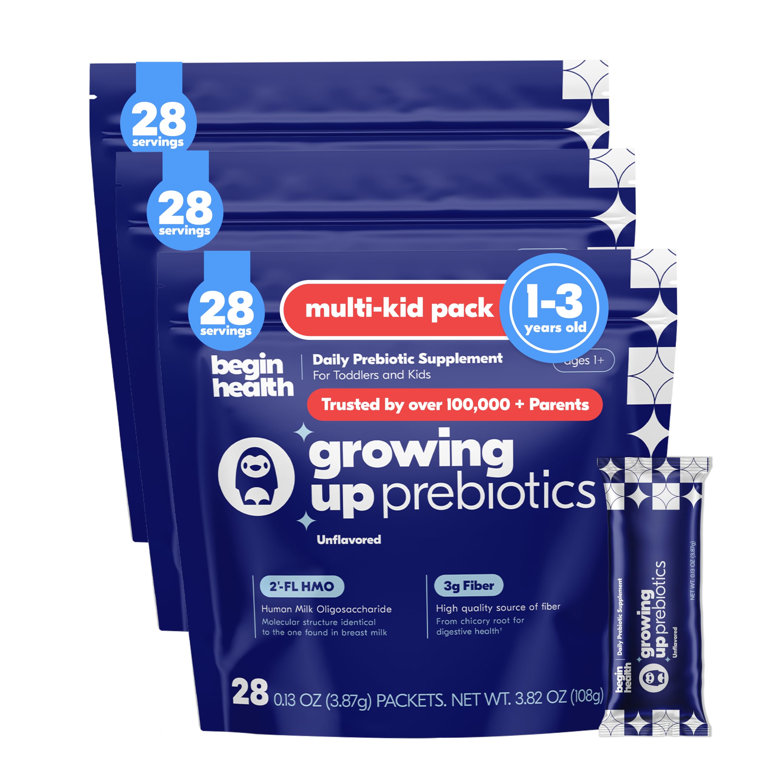 Begin Health Growing Up Prebiotics powder in bottle boosts daily gut comfort