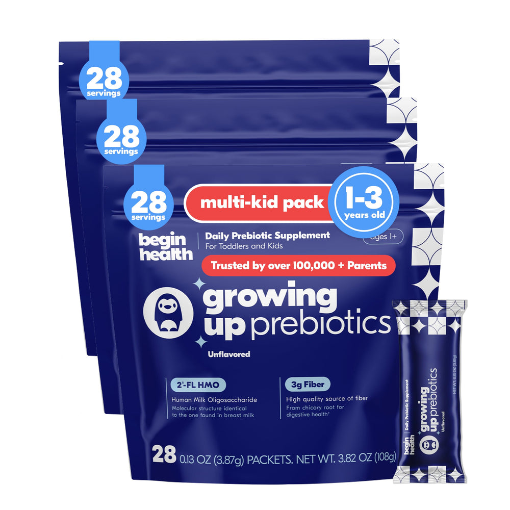 Begin Health Growing Up Prebiotics powder in bottle boosts daily gut comfort