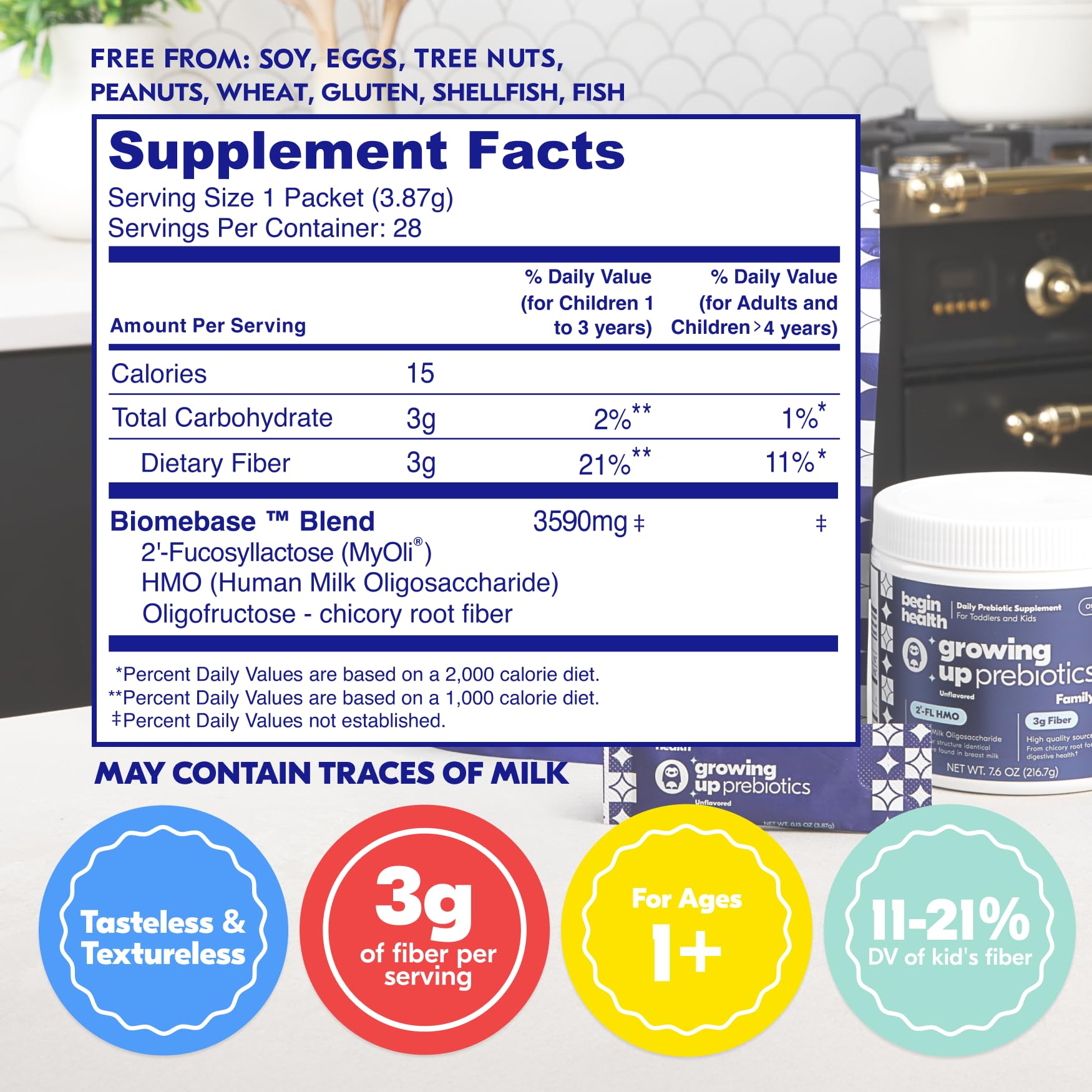 Begin Health prebiotic soluble powder for kids helps softer stools and easier daily mixing.