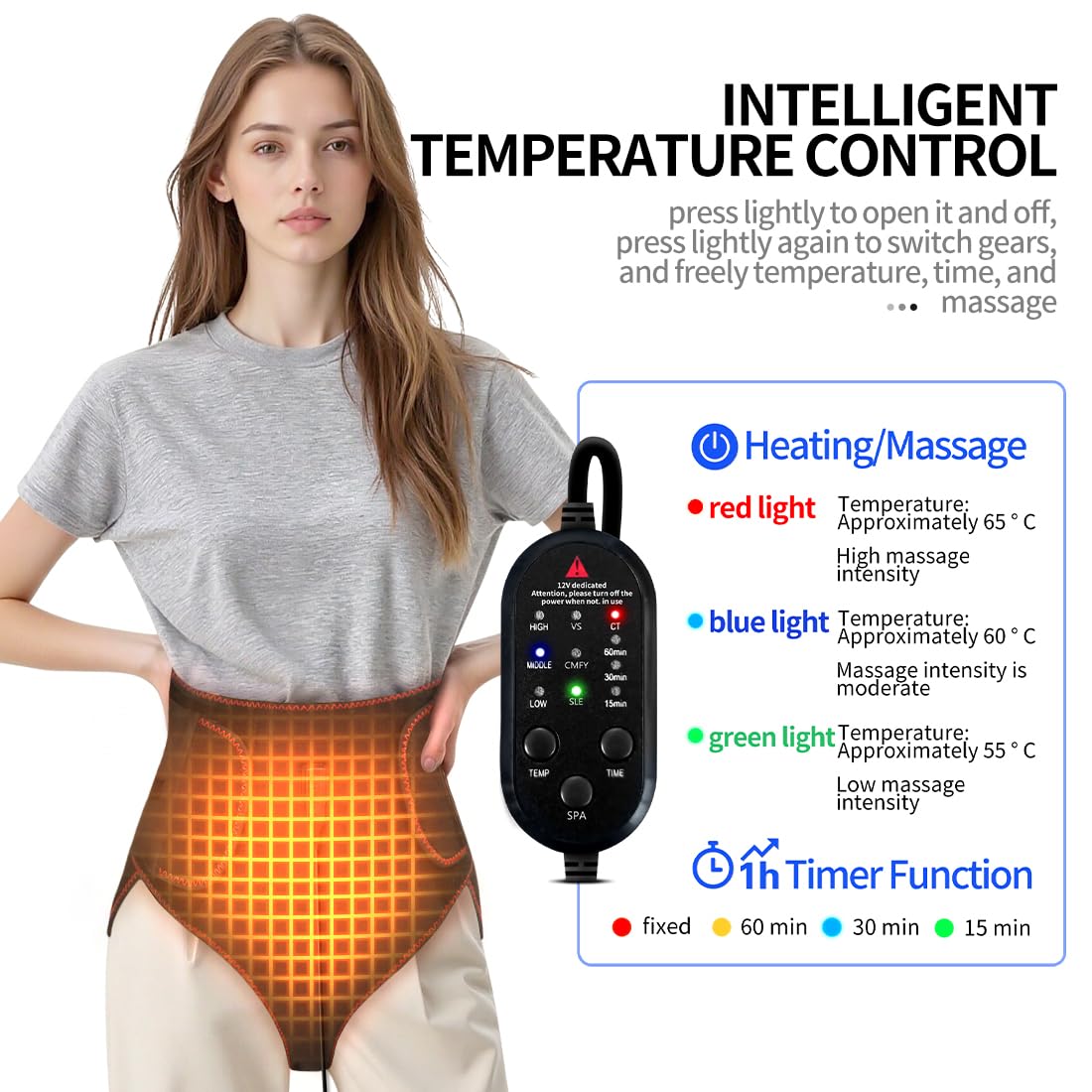 Beihaixiang heating pad control panel with LED indicators and heat modes.