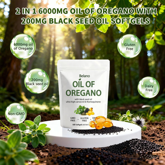 BELANO bottle close-up highlights the high carvacrol and thymoquinone-rich blend