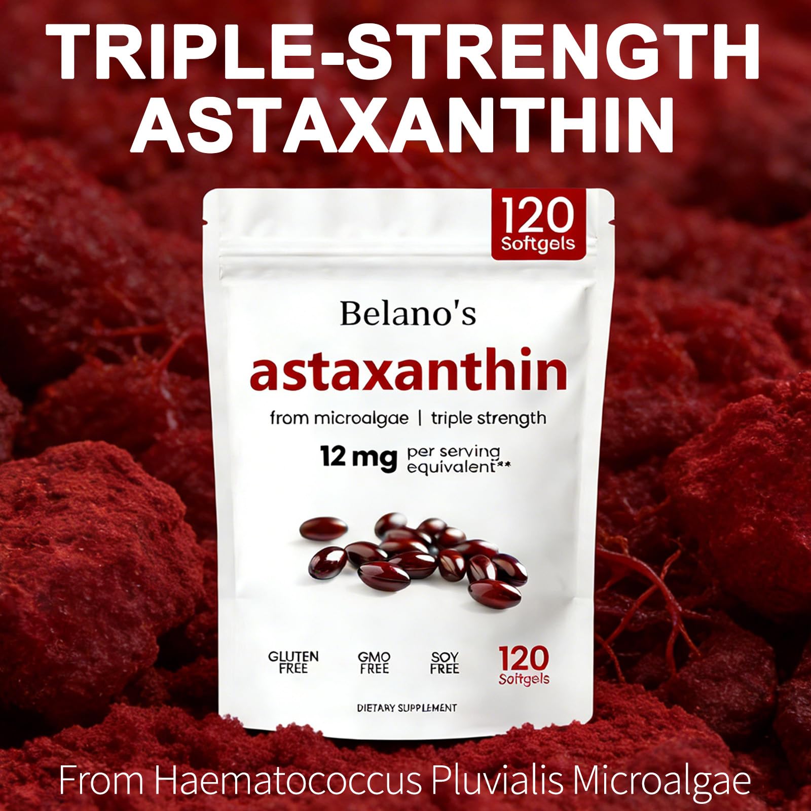 Close-up of Belano's Astaxanthin bottle showing easy daily capsules.