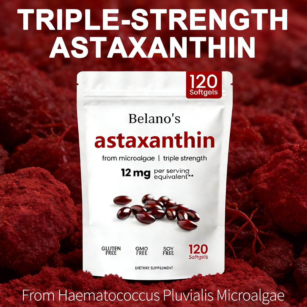 Close-up of Belano's Astaxanthin bottle showing easy daily capsules.